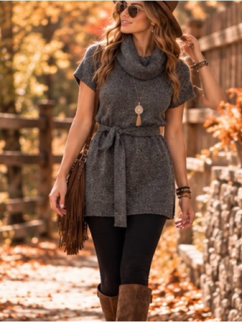 Majora Stretchy Boho Cotton Blend Charcoal Cowl-Neck Belted Tunic Sweater Size M